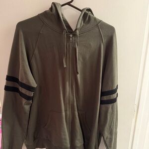Olive Green Zip-Up Hoodie with Black Stripes